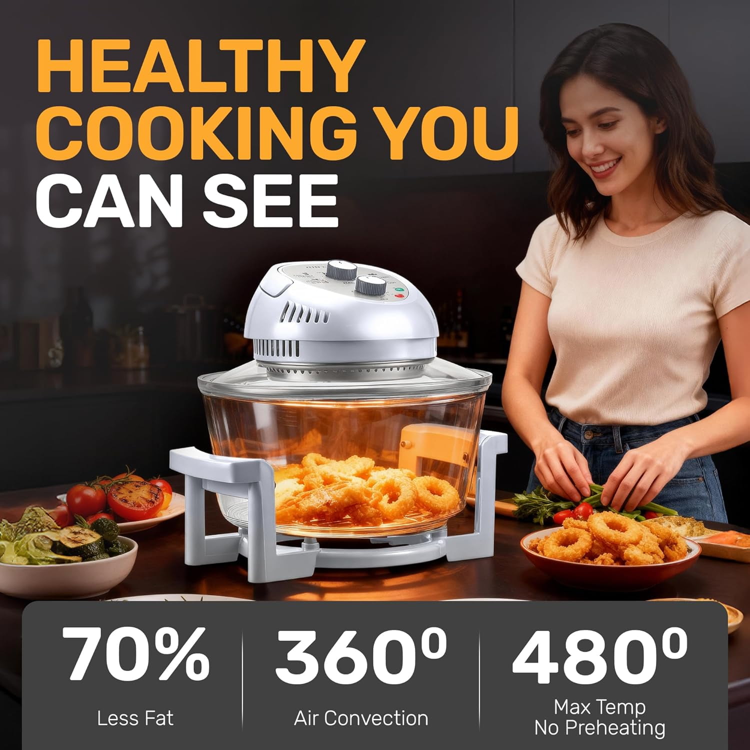 Granitestone Big Boss 16Qt Extra Large Glass Air Fryer Non Toxic – Family Sized 4 in 1 Cooker with 3 Cooking Sections, Stainless Steel Racks for French Fries, Chicken, Self Cleaning, Dishwasher Safe