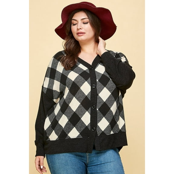 Plus Size Buffalo Plaid Knit Button Up Oversize Cardigan