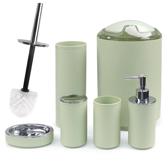 CERBIOR Bathroom Accessories Set 6 Pcs Ensemble Complete Soap Dispenser Toothbrush Holder Tumbler Soap Dish Toilet Cleaning Brush Trash Can, Thread Sriral Green