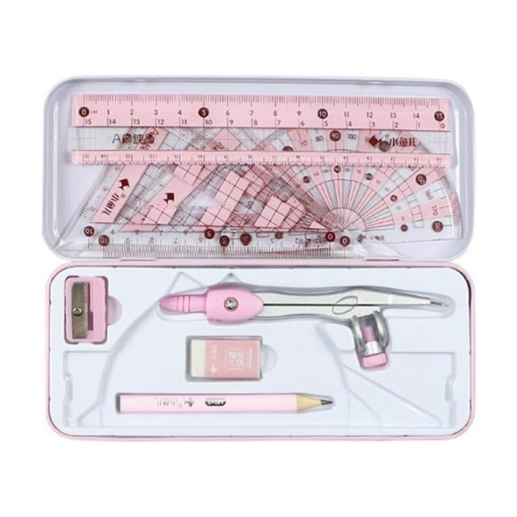 Math Geometry Kit Set with Shatterproof Storage Box Ruler Pencil Eraser 8 Pieces pink
