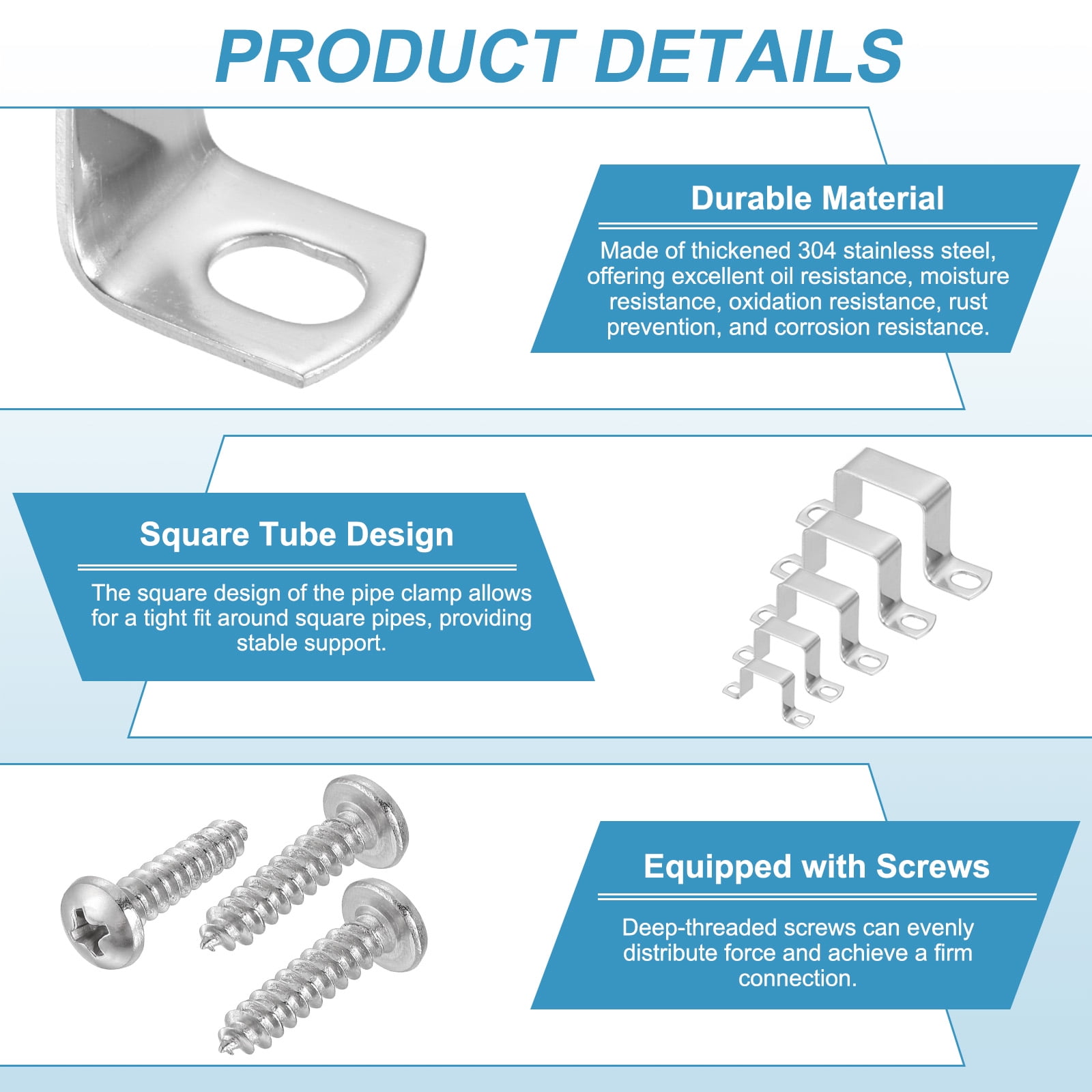 Uxcell 10pcs 1.5" x 1.5" Square Pipe Clamp, 304 Stainless Steel U Shaped Connector Bracket Heavy Duty Tube Strap Buckle with Self-Tapping Screws for Tube Installation