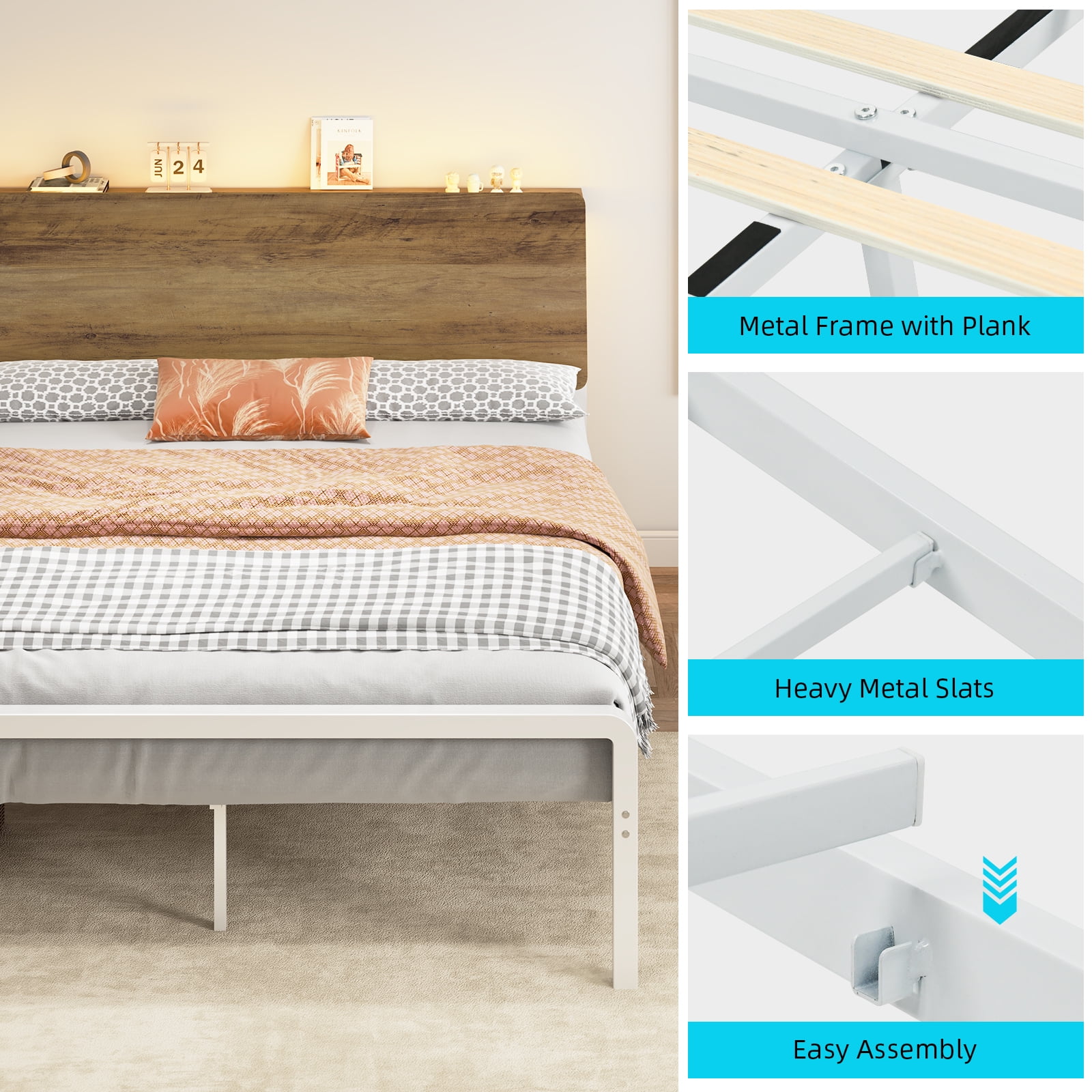 4 EVER WINNER Queen Bed Frame with Storage Headboard and LED Light, Metal Platform Bed Frame with Wooden Headboard, No Box Spring, Brown and White