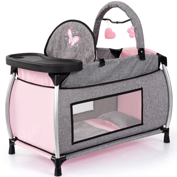 Bayer Design: Doll Multi-Bed - Grey-Pink-Butterfly - Sleep Playpen, Built-In Feeding Highchair, Pillow-Blanket, Care Center Fits 18" Dolls, Kids 3