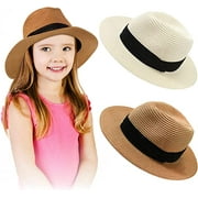 Zhehao 2 Pieces Kids Girls Boys Straw Hat Panama Wide Brim Hat Fine Braid Summer Sun Visor Hat with Lanyard for Beach Travel (Beige, Khaki)