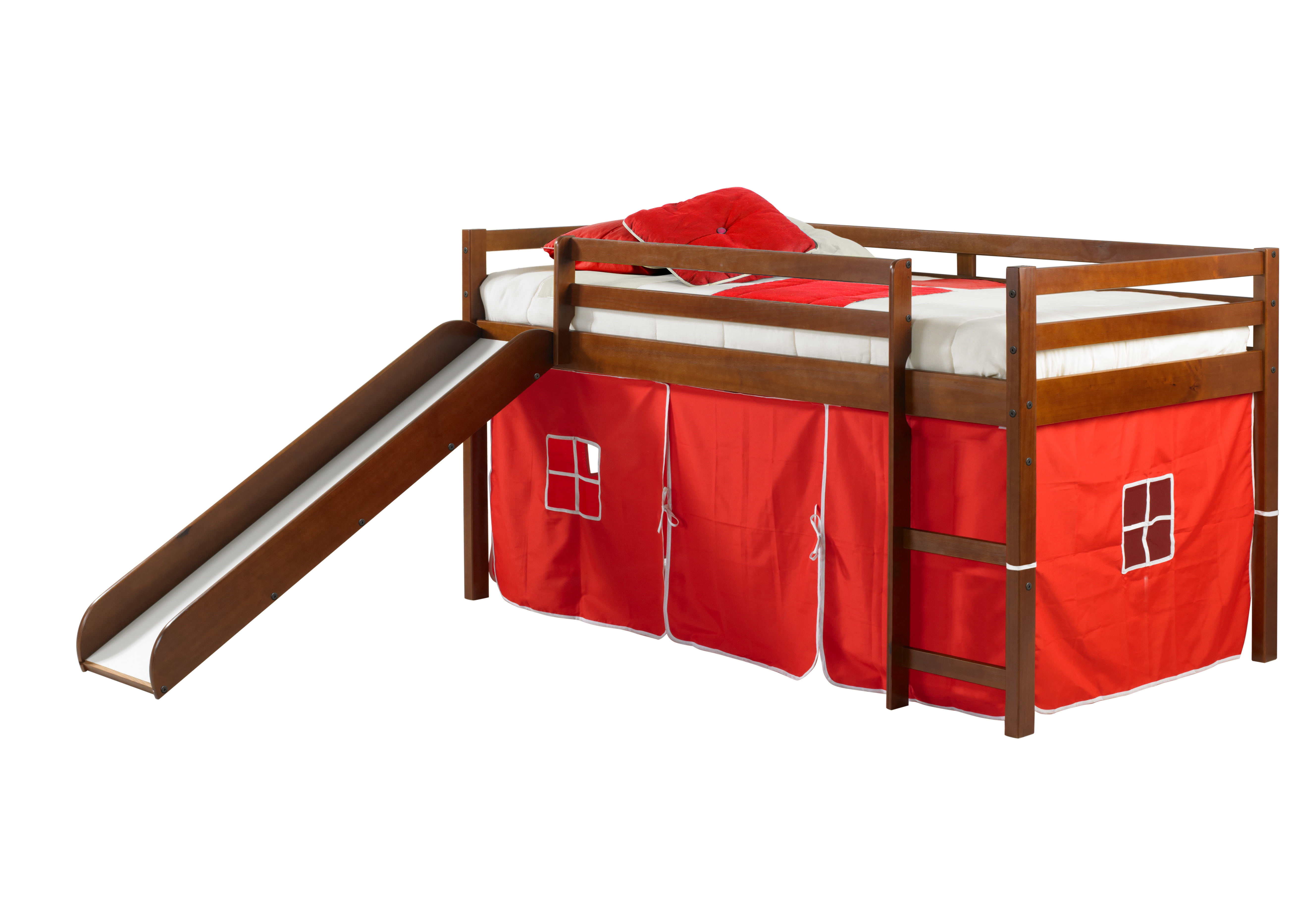 Donco Kids Twin Loft Bed with Red Tent and Slide, Espresso