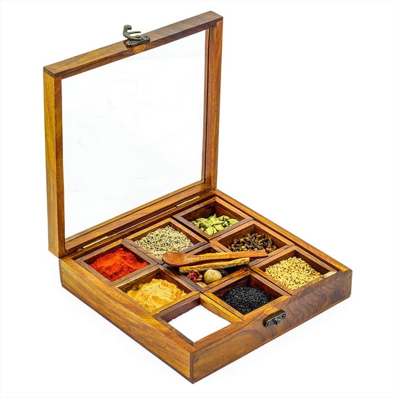 8" Wooden Handcrafted Multi-Compartment Square Storage Box | Kitchen Ware Jar Container Canister For Spices / Sugar / Tea / Dry Fruits / Masala | Christmas Premium Gifts Ideas