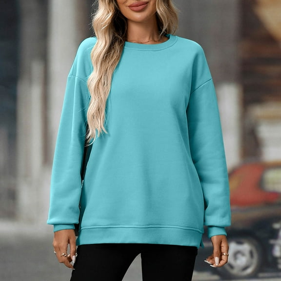 ITSAME Sweatshirt for Womens, Loose Fit Crewneck Long Sleeve Pullover Fashion Basic Tops Light Blue XL