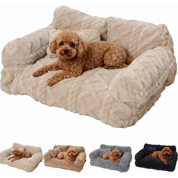 Plush Calming Pet Sofa Bed, Fluffy Dog Couch Bed, Soft Warming Washable Puppy Bed, Removable Cover & Non-Slip Bottom for Cats & Dogs