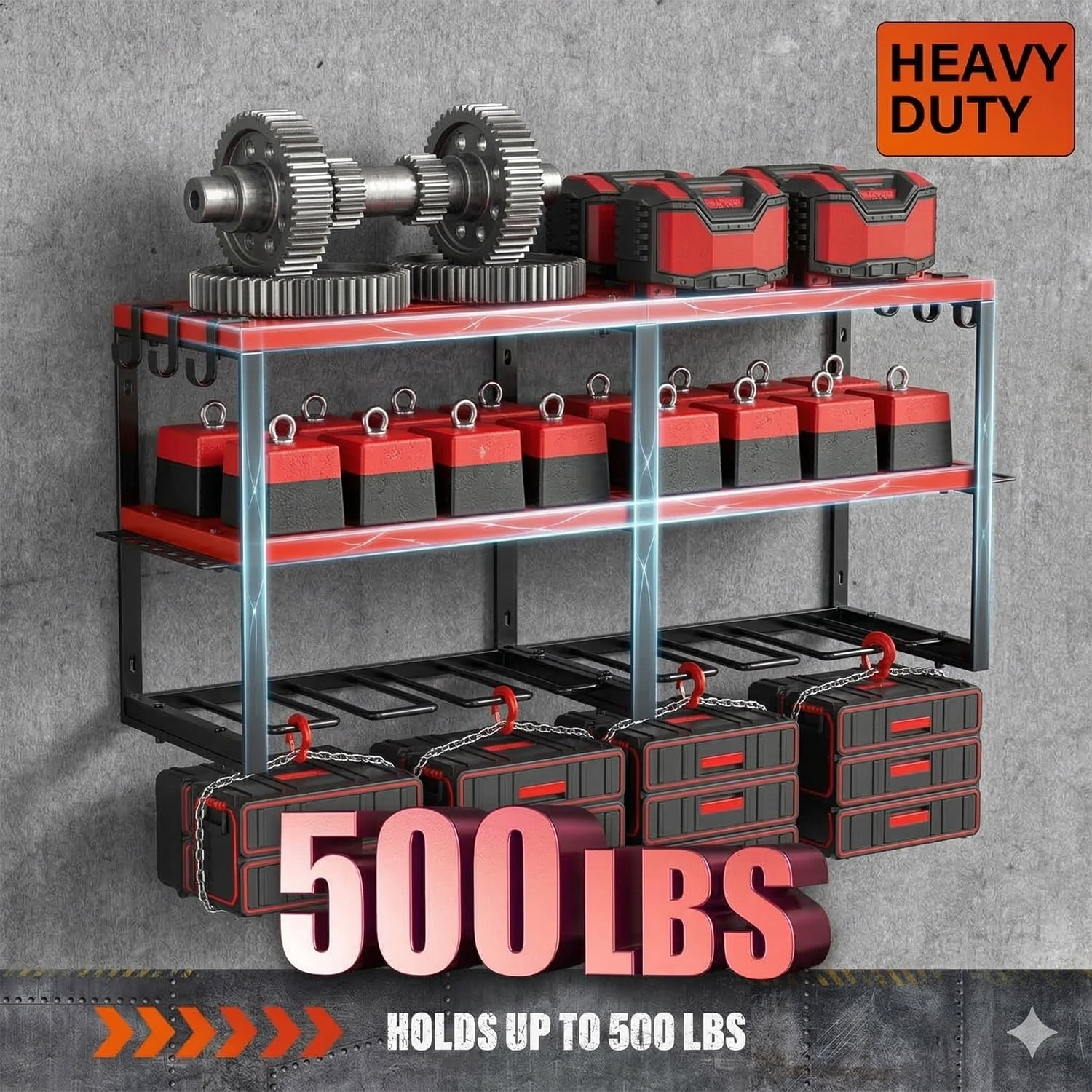 Birodeko Power Tool Organizer Wall Mount, 3-Layer Heavy Duty Garage Storage Rack with 8 Drill Holder Slots & Side Hooks (Red)