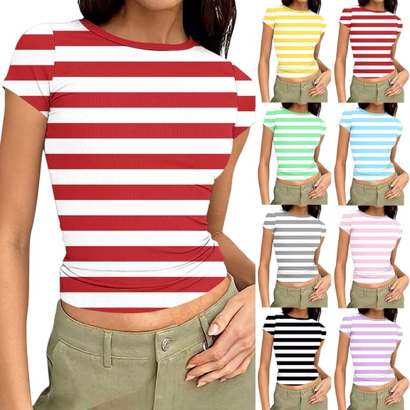 Felirenzacia Women's Striped Short Sleeves Tee Tops Casual Summer Beach T Shirt Fitted Pullover Tops for Women Red,L
