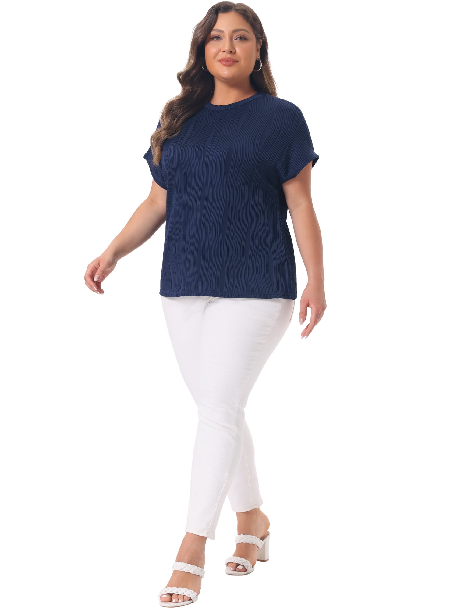 DARING DIVA Women's Plus Women's  Textured Tops Crewneck Casual T Shirts 2X Deep Blue