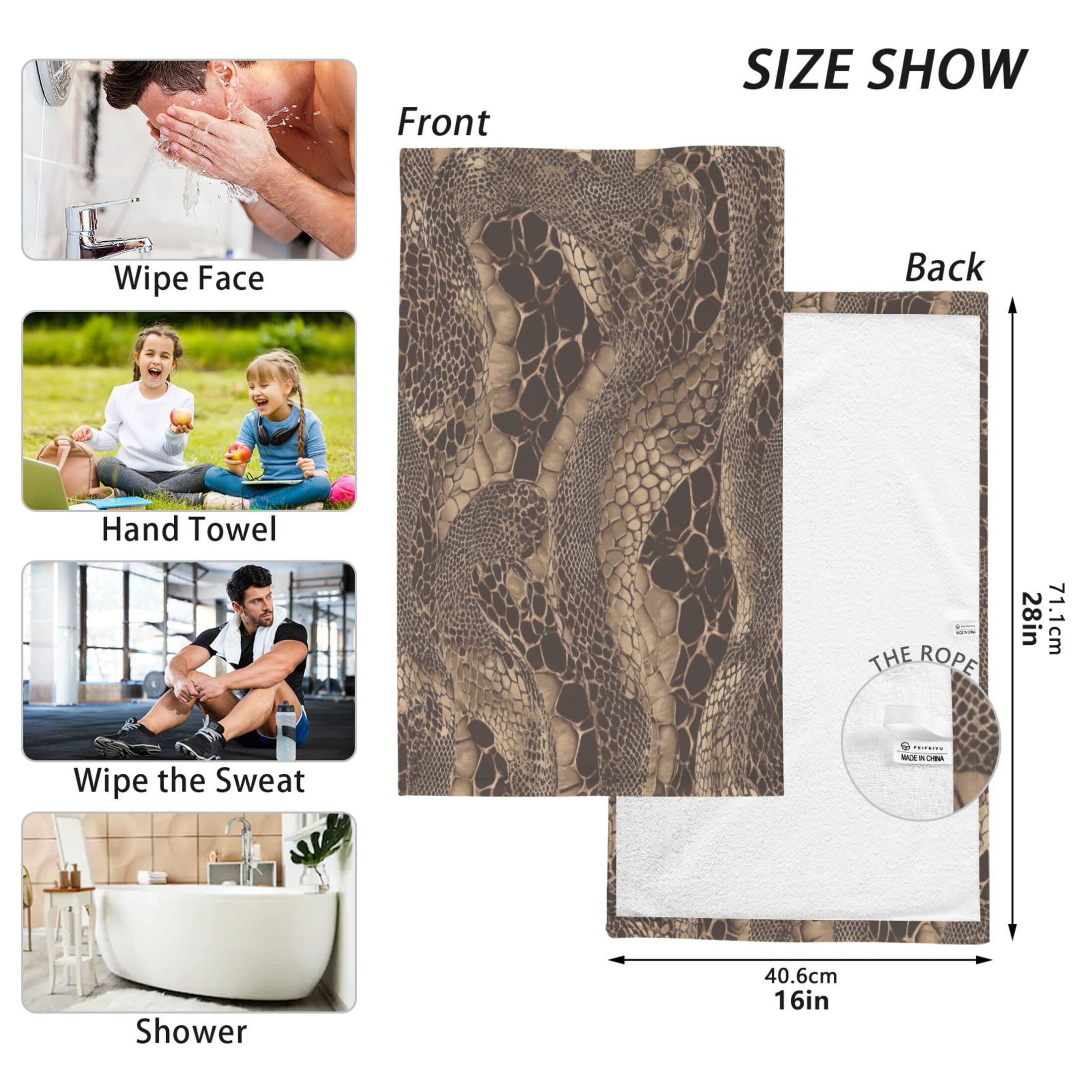 2 Pcs Absorbent Face Towel Bath Hand Towels Soft Breathable Cotton Towel Set for Bathroom Kitchen Hotel Spa Decor Brown Snakeskin