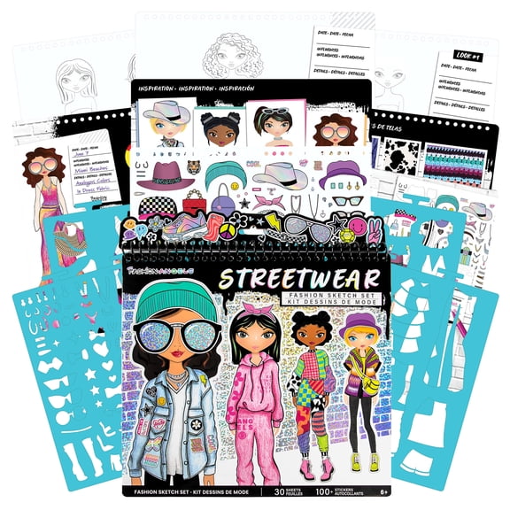 Fashion Angels: Fashion Sketch Set - Streetwear - Design & Create Themed Outfits, 30 Page Drawing Art Portfolio, Clothing Stickers & Stencils, Kids 6