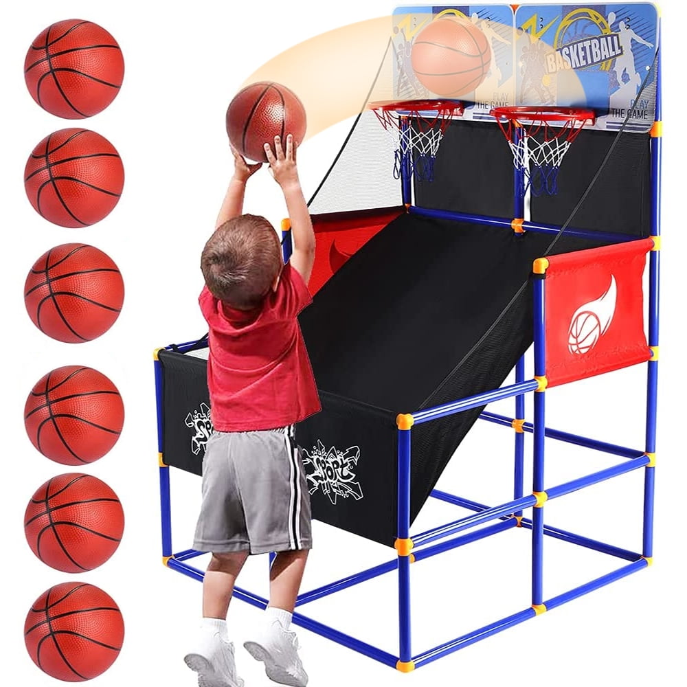 Training System with Basketball for Boy Gift Hommoo Kids Basketball Hoop Official Home Dual Shot Basketball Backboard Arcade Game for Kids Durable Construction Individual Games
