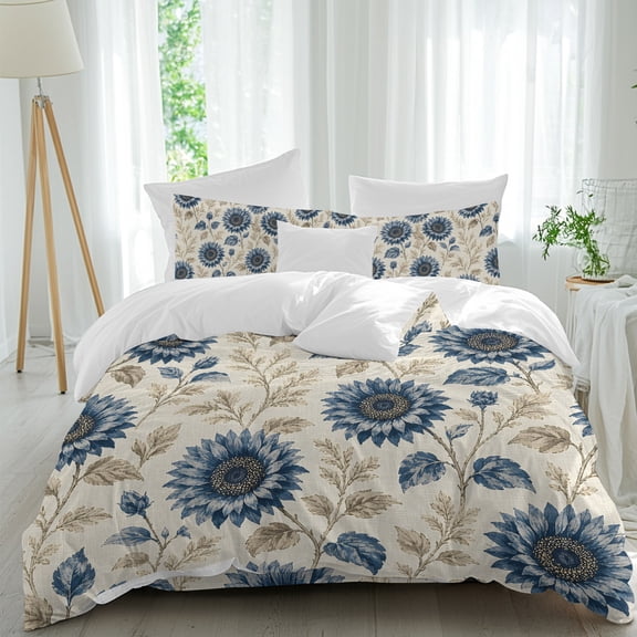 Country Floral Bedding Duvet Cover Set California King Size 4 Pieces, Navy Blue Sunflower Leaf Vintage Botanical Linen Bedding Set, 1 Comforter Cover 96x104 Inches 1 Flat Sheet & 2 Pillow Cases