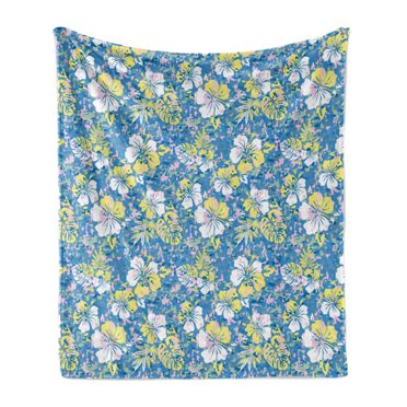 Camouflage Soft Flannel Fleece Blanket, Hawaiian Pattern Exotic Tropical Hibiscus Flowers Foliage Abstract Nature, Cozy Plush for Indoor and Outdoor Use, 60" x 80", Blue Yellow Pink, by Ambesonne