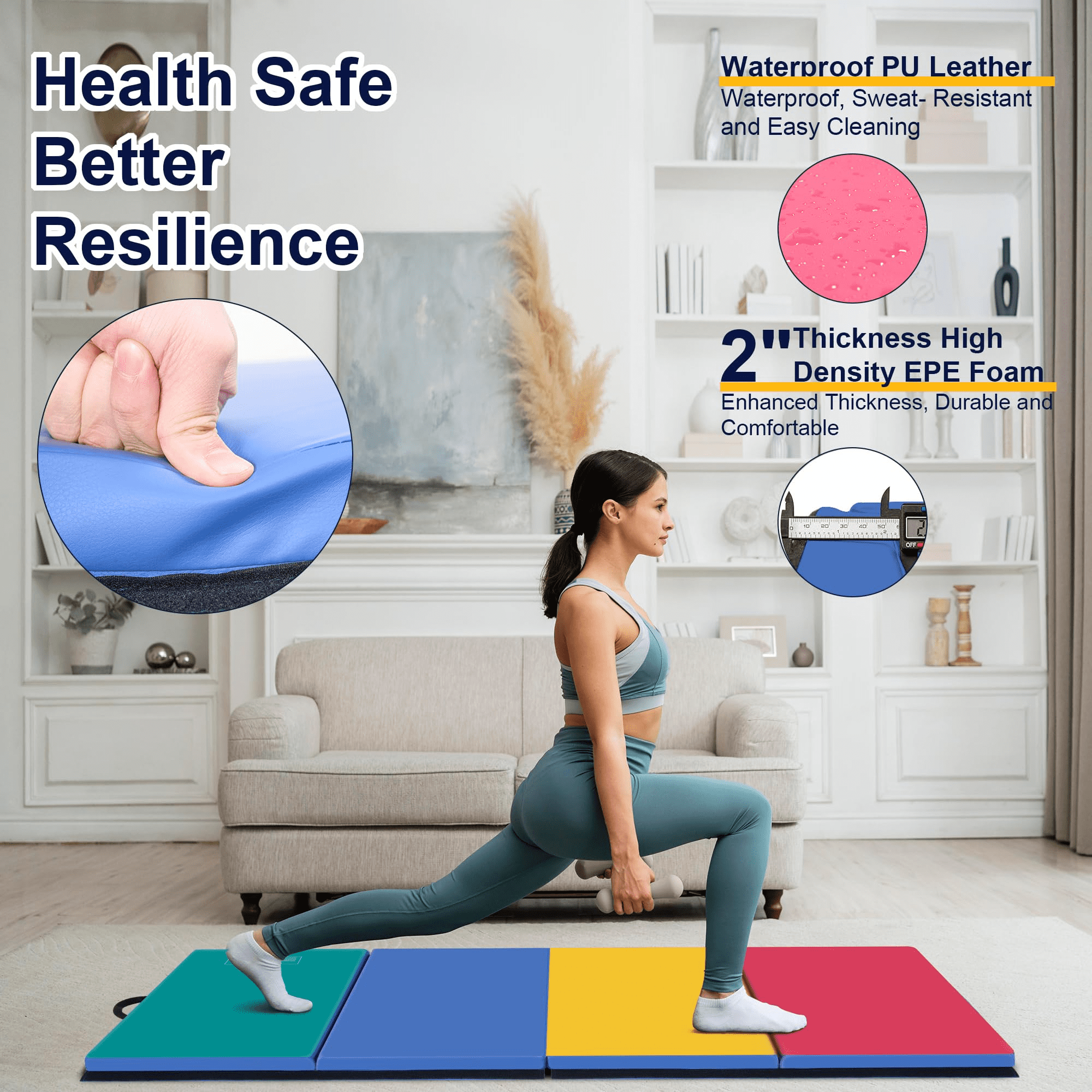 BETISEF 3'x6'x2'' Thick Folding Gymnastics Mat Aerobics Stretching Yoga Mats Mixed Color