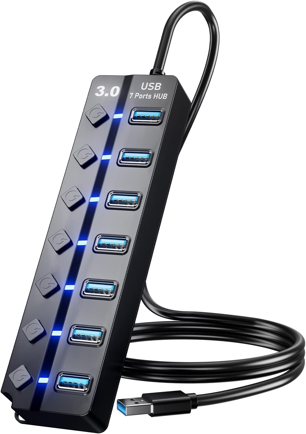 USB 3.0 Hub, 7-Port USB Data Hub Splitter with 3ft Long Cable USB Extension for Laptop,PC Computer,Surface Pro, PS4/5, Flash Drive, Mobile HDD - with LED Individual On/Off