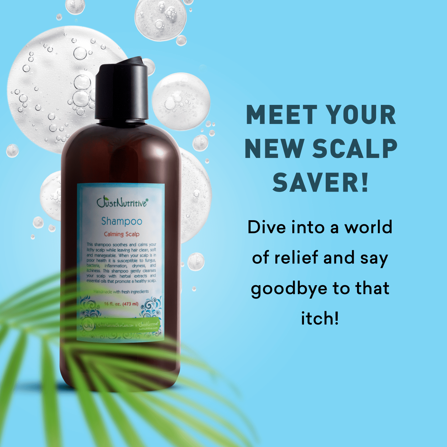 Just Nutritive Organic Anti Dandruff Sulphate Free Itchy Scalp Calming Shampoo with Calendula, Nettle & Peppermint, 16oz