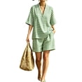 thumbnail image 5 of Cagogo Women Plus Size Striped 2 Piece Set V Neck Short Sleeve Blouse Shorts Casual Loose Boho Vacation Outfits Summer Cruise Travel Matching Lounge Clothes, Yellow M, 5 of 6