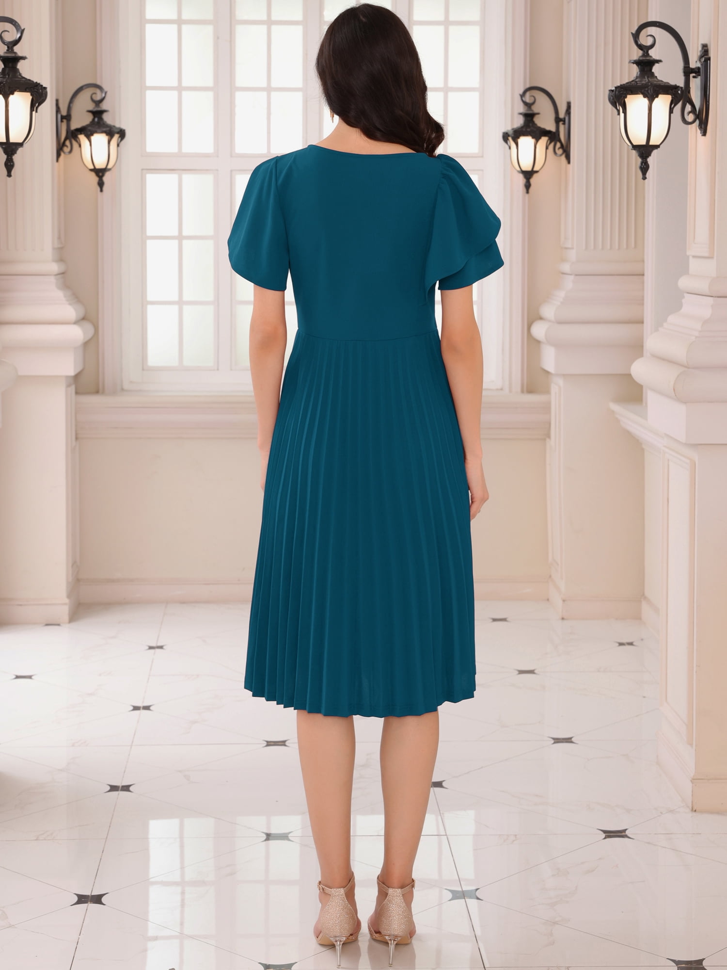 DARING DIVA Ruffled Sleeve Midi A-Line Pleated Work Dress XL Peacock Blue