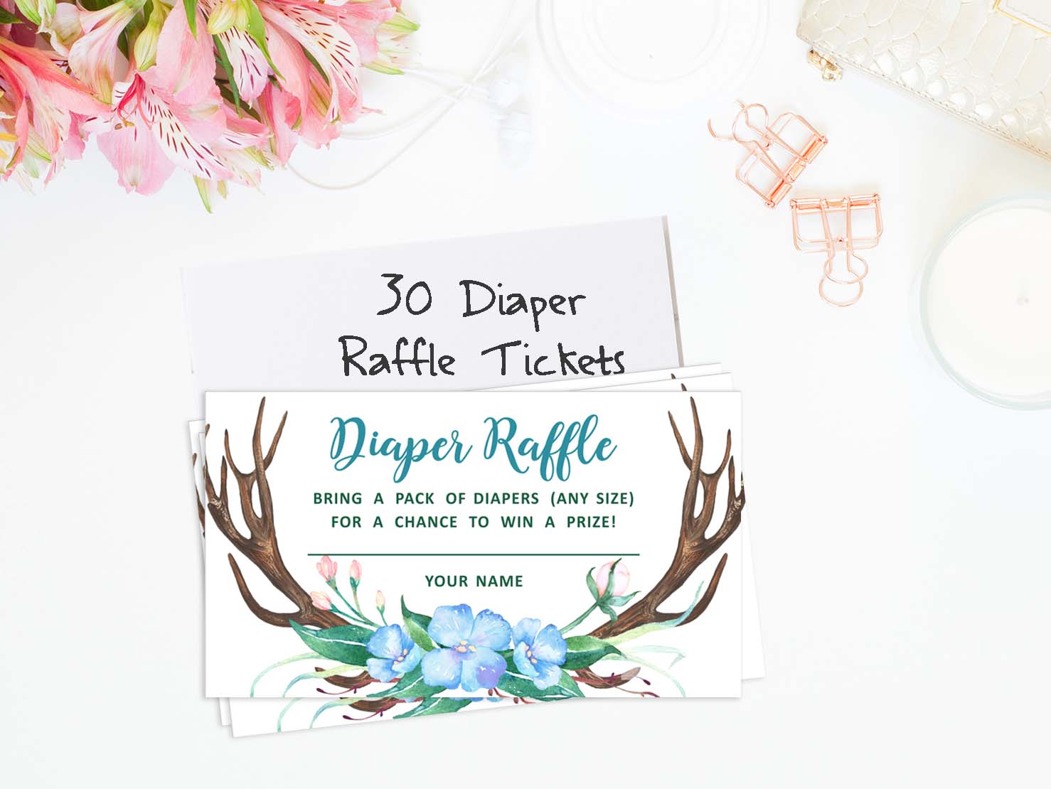 Inkdotpot 30Baby ShowerDiaper Raffle Ticket Lottery Insert Cards Supplies Games For Baby Shower Party Antler (Boy) Jungle Animals Bring A Pack Of Diapers To Win Favors Gifts And Prizes