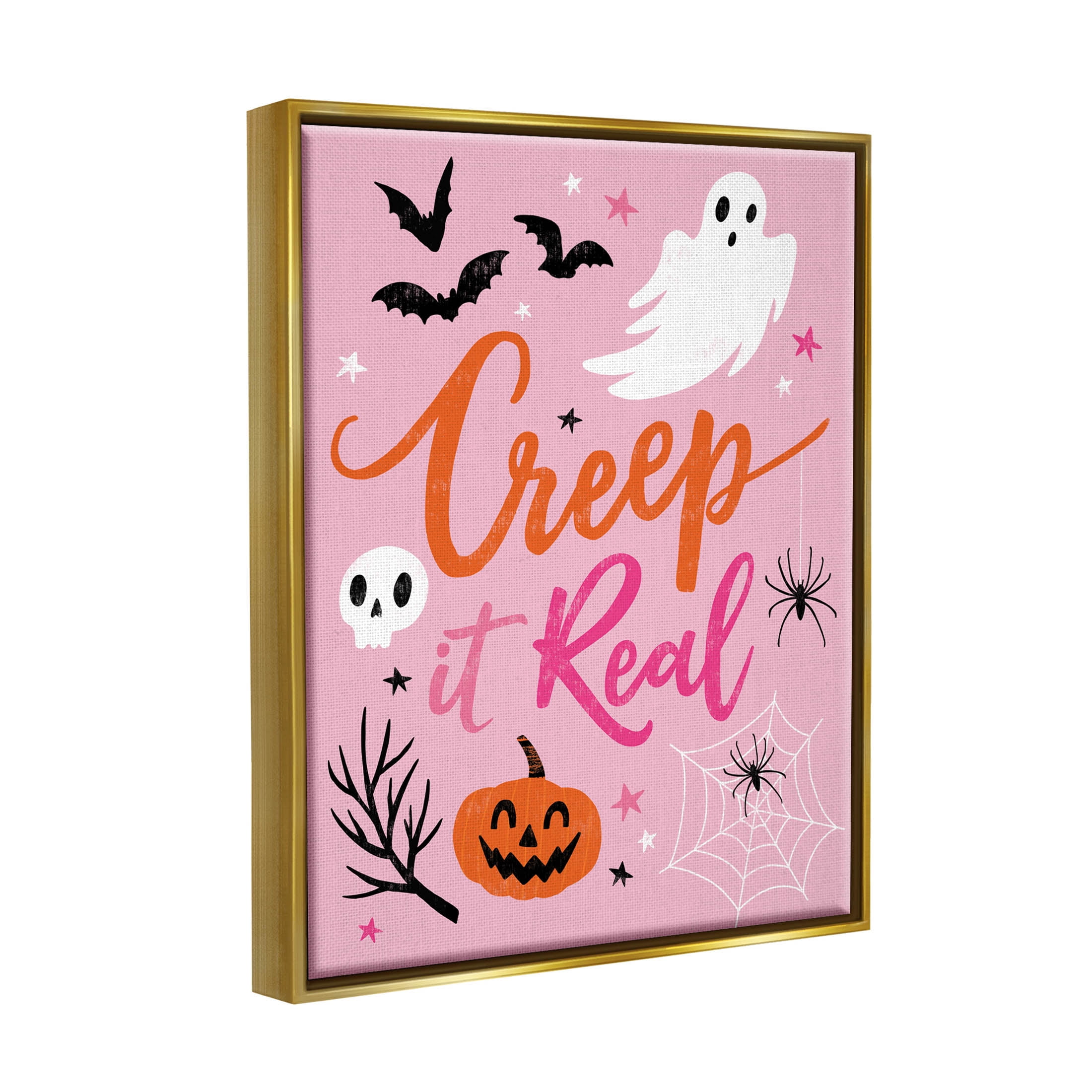 Creep It Real Pink Halloween Phrase Holiday Graphic Art Metallic Gold Framed Art Print Wall Art