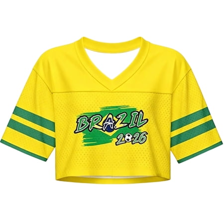 Trendfront Brazil 2026 Crop Top Jersey for Women V-Neck Short Sleeve Soccer Mesh Shirt Brazilian Flag Stripe Game Day Fan Gear Tops