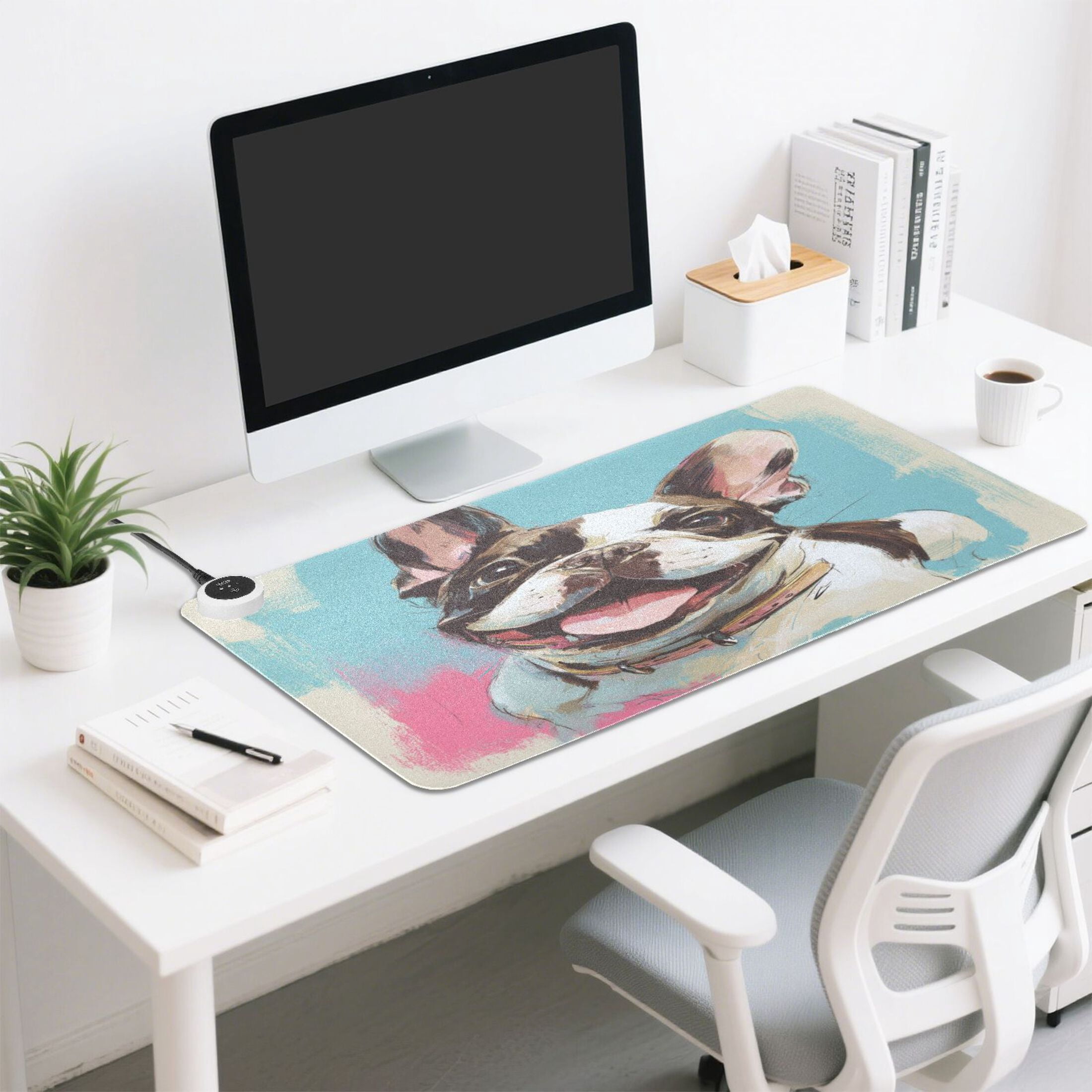 Large Heated Desk Mat Mouse Pad 31.5"x13"PU Leather Graphene Heating Desk Warmer with 3 Temperature Settings 110V US Plug Non-Slip Warm Pad for Home, Office, and Gaming Happy Frenchie Pop Portrait