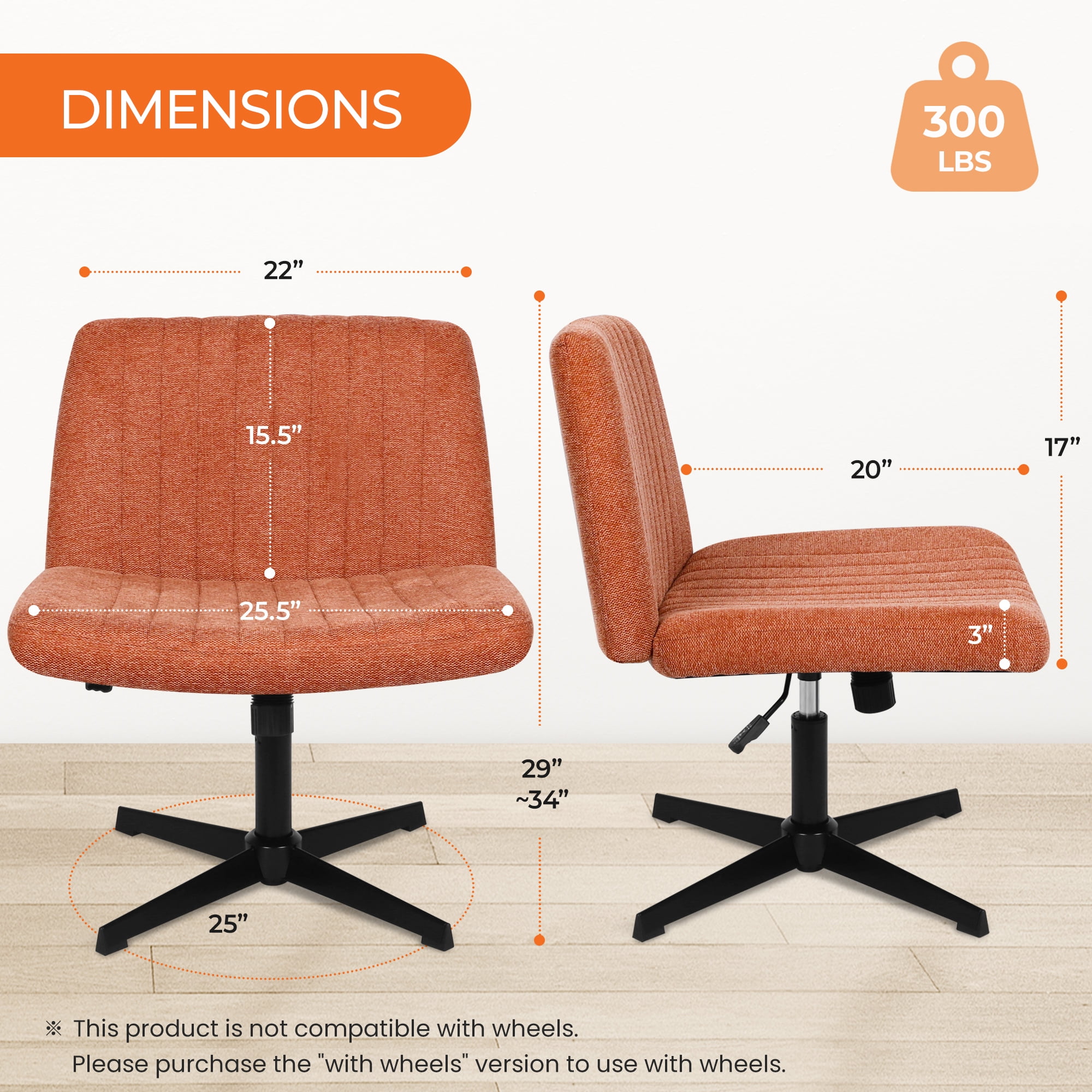 NEO CHAIR Criss Cross Chair No Wheels Armless&nbsp;Comfy Desk Chair Wide Vanity Makeup&nbsp;Cross Legged Office Adjustable Computer Task for Home Office Fabric (Brown)
