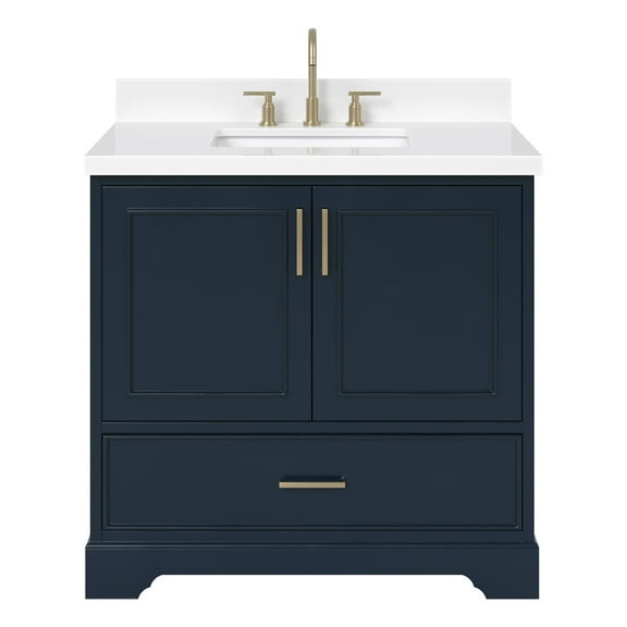 Ariel Stafford 37 Inch Single Rectangle Sink Vanity With White Quartz Countertop W/1.5" Edge In Midnight Blue