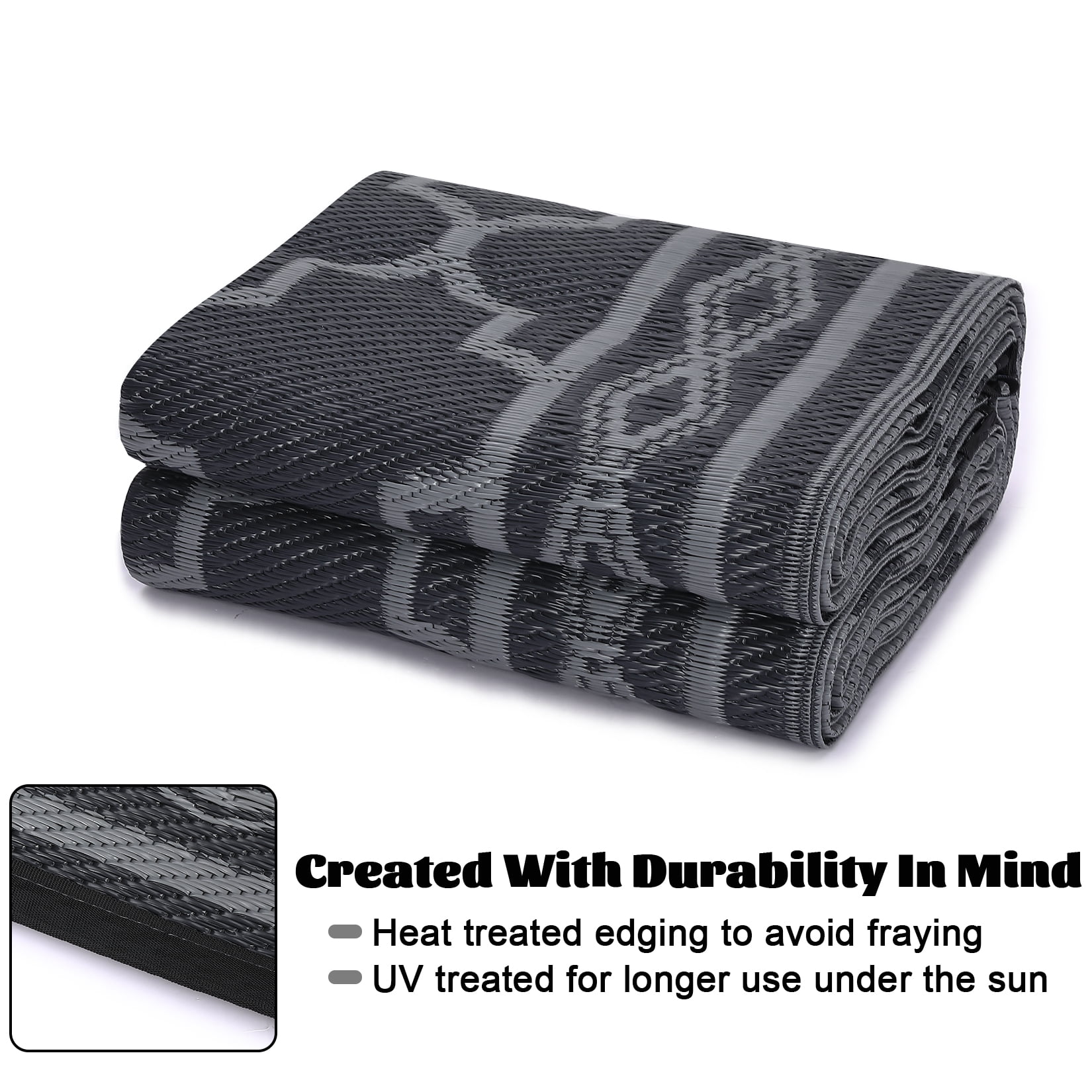 GlowSol 10' x 14' Outdoor Rug Plastic Patio Rug Woven Plastic Straw Waterproof Rug Moroccan Reversible Camper Rug for RV Backyard Deck Picnic Beach, Black Gray