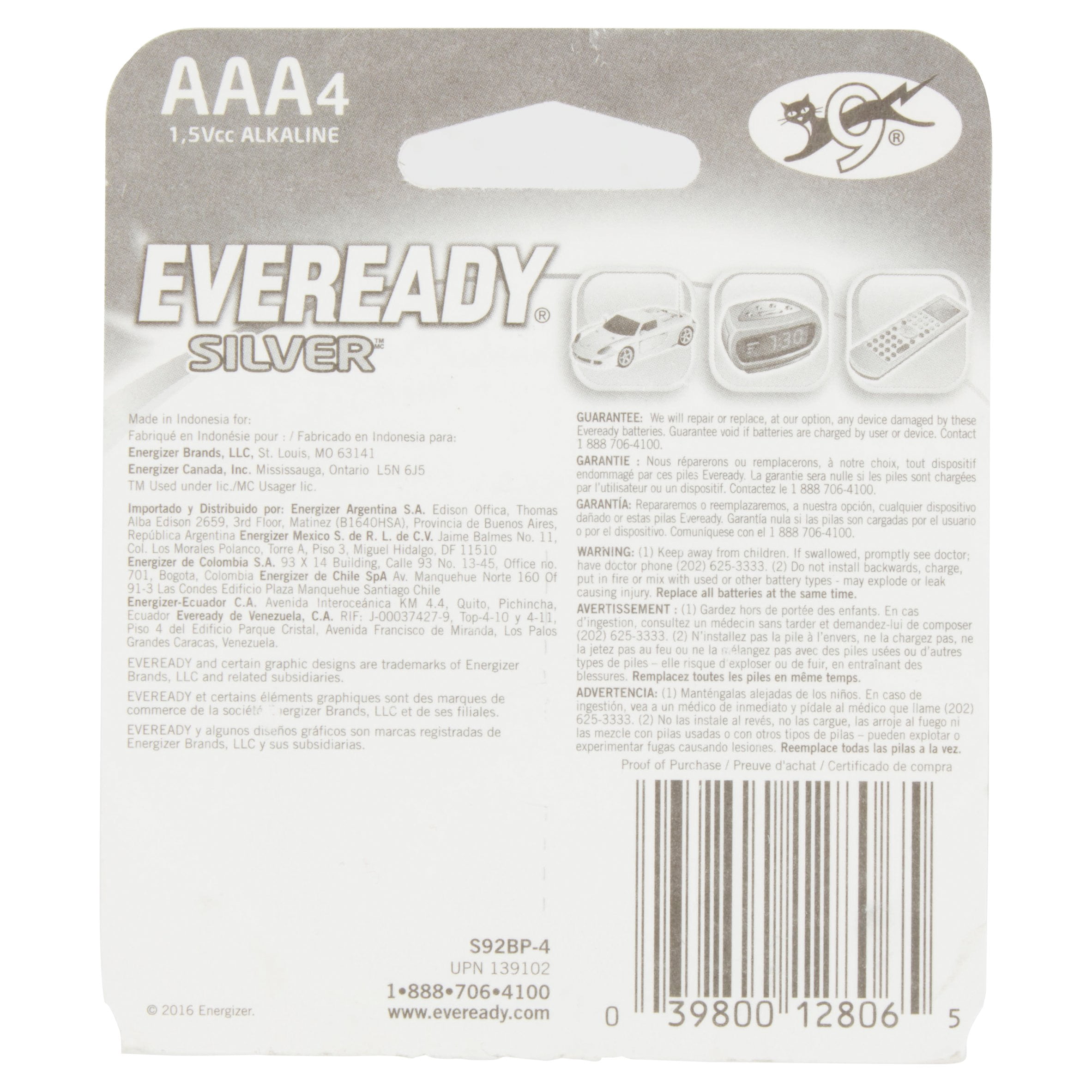 Eveready Silver Alkaline AAA Batteries, 4 Pack of AAA Cell Batteries