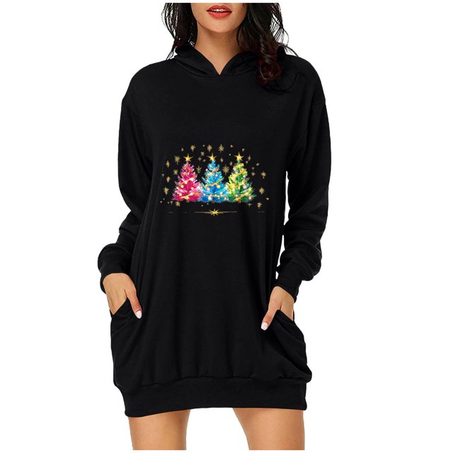 Pisexur Robes pour Femmes Imprimé Arbre de Noël Sweat à Capuche Robe de Soirée Décontractée Manches Longues Mini Robes de Vacances d'Automne pour Femmes avec Poches