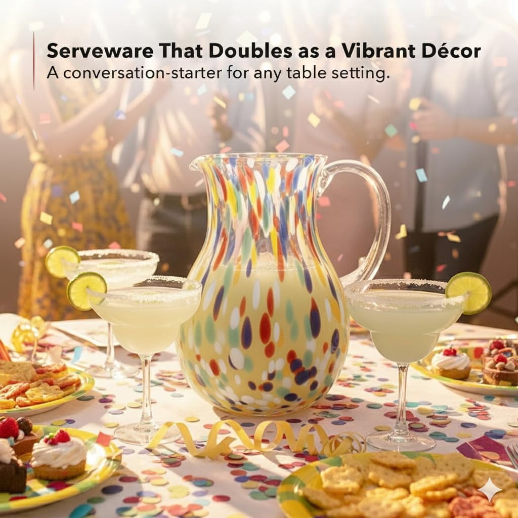 OVENTE Hand Blown Margarita Glass Pitcher with 2.5 Liter (84Oz) Capacity, Confetti Design and Sturdy Handle, Vibrant Beverage Carafe for House Party, Festivity and Family Gathering, Multicolor MGP84M