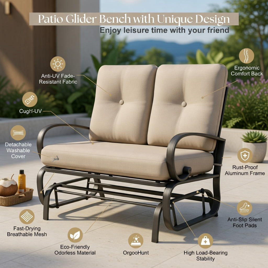 Hommoo Outdoor Rocking Bench Loveseat with Cushions, Steel Patio Bench for Deck, Backyard & Poolside, Seat & Back Cushions, Beige