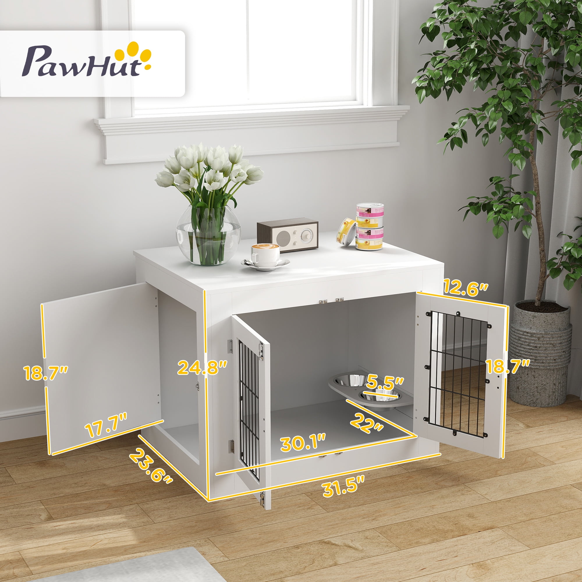 PawHut Dog Crate Furniture with 360Â° Rotatable Removable Dog Bowls, Two Doors, Non-slip Foot Pads, Dog Kennel Furniture for Medium Dogs, White