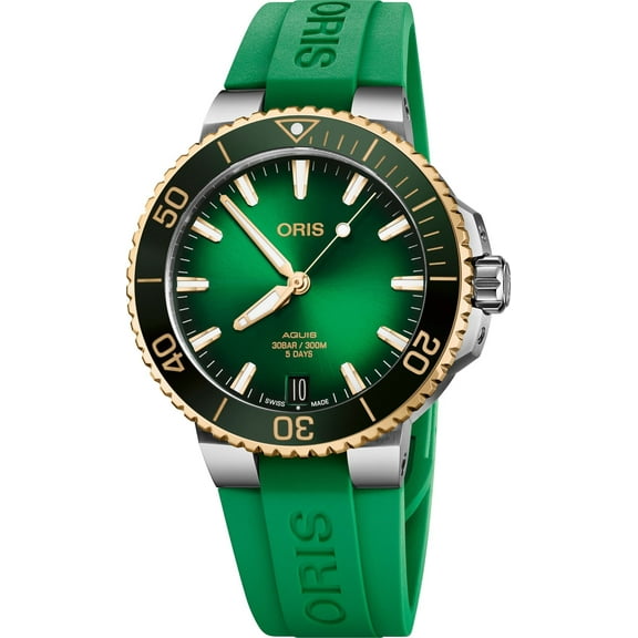 Oris Aquis Date Automatic Green Dial 18K Gold Bezel Steel Men's Watch 01 400 7769 6357-07 4 22 77FC