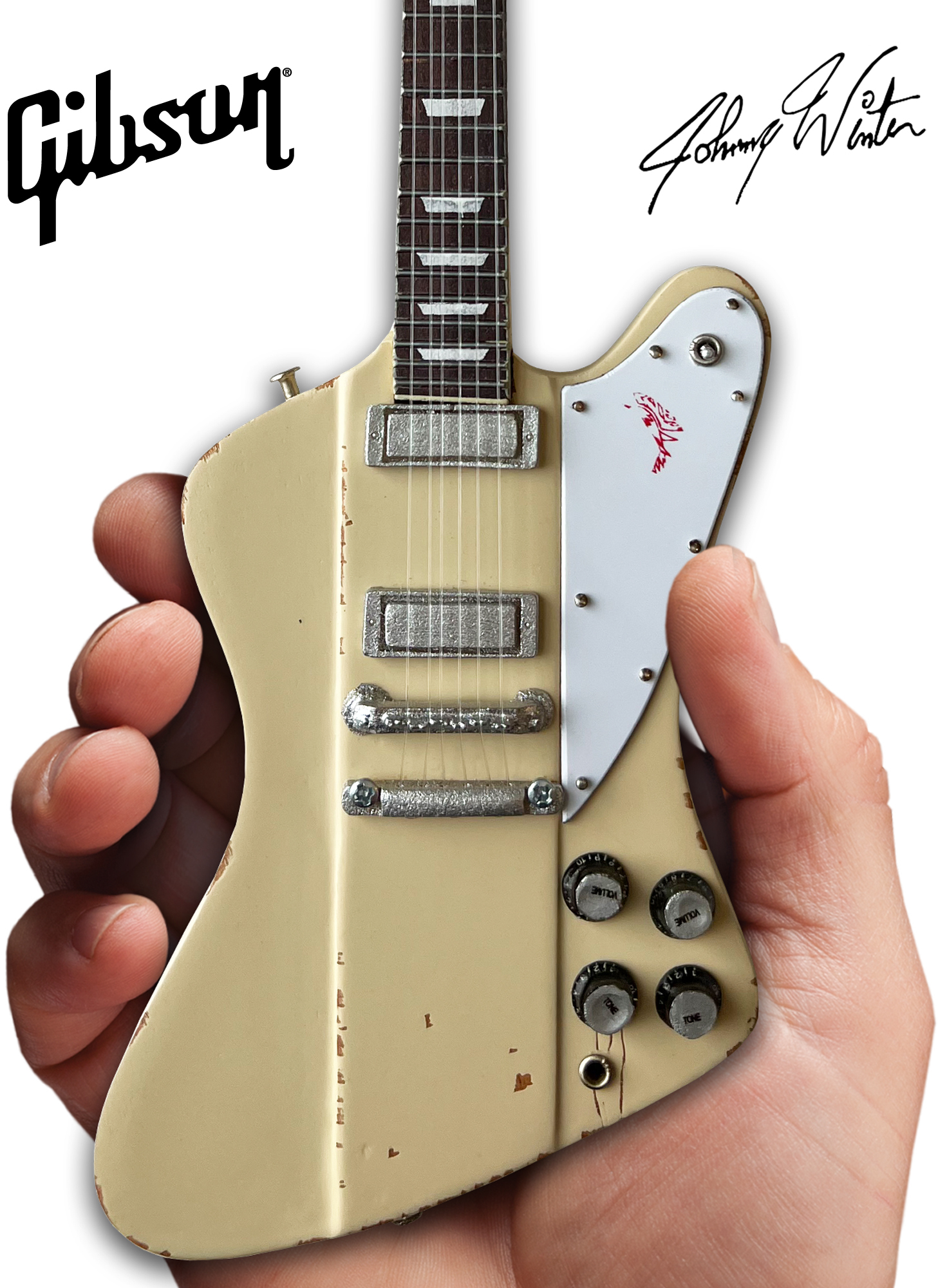Johnny Winter 1964 Polaris White Gibson Firebird V Mini Guitar Replica Collectible, Axe Heaven, Gifts