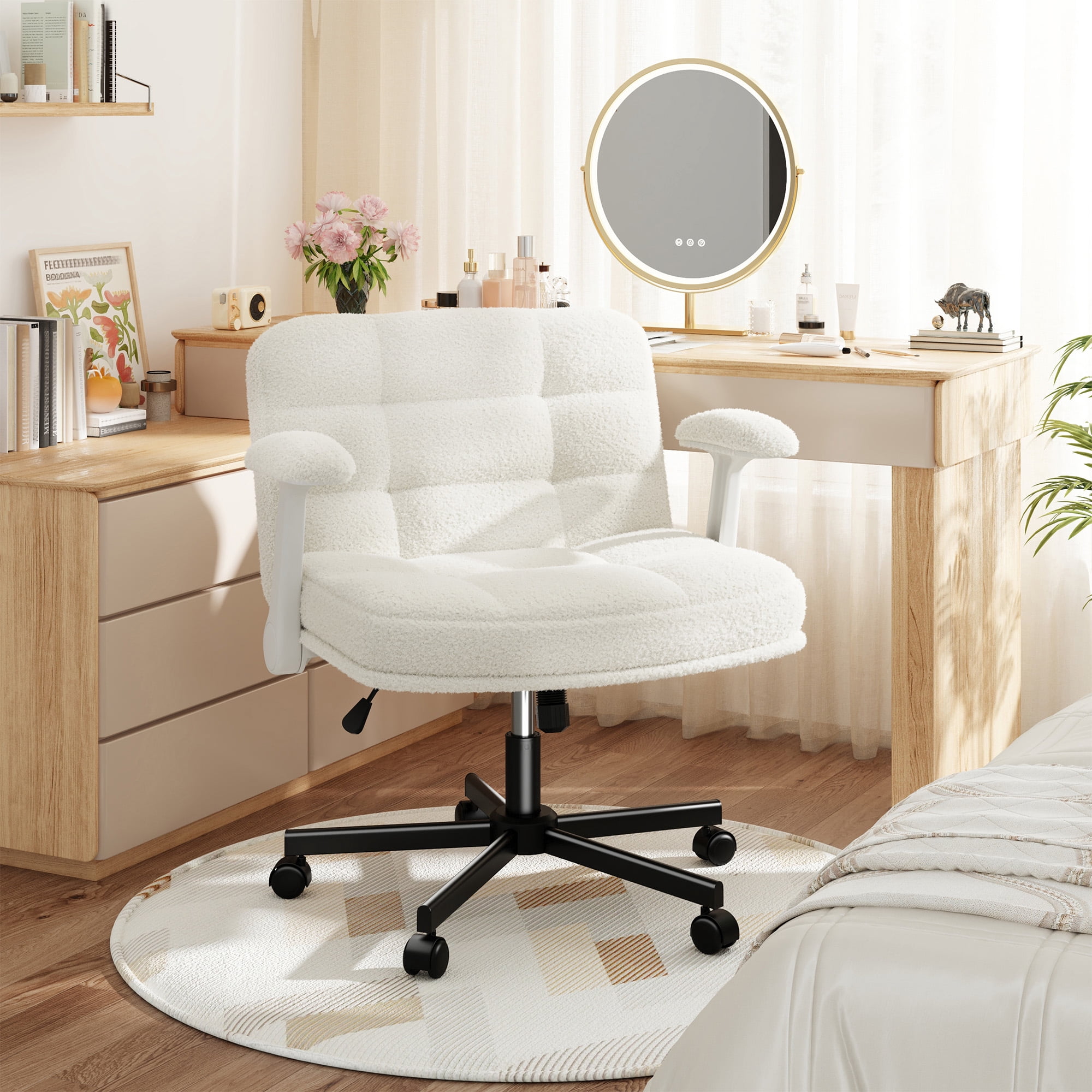 Romorgniz Criss Cross Chair with Flip-up Arms & Wheels Desk Chair with Adjustable Height & Teddy Plush Fabric for Bedroom, Home Office Desk, Vanity, Light Beige