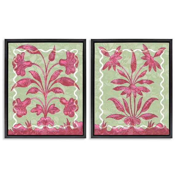 Stupell Industries Pink & Green Vintage Botanicals Floral Painting Black Floater Framed Canvas Art Print Wall Art, 17 x 21, Set of 2