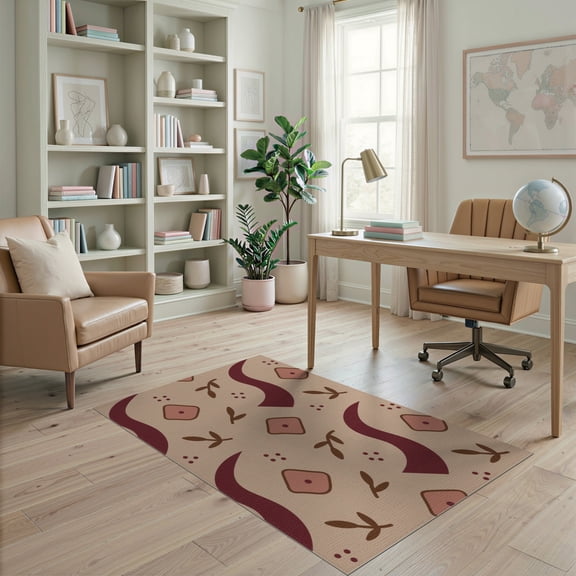 ODIKA 4'x6' Beige Rust Burgundy Geometric Botanical Washable Area Rug Contemporary Abstract Moon Diamond Square Leaf Motif Scattered Stain Resistant, Low Pile, Easy Care for Dorm Room, Small Living