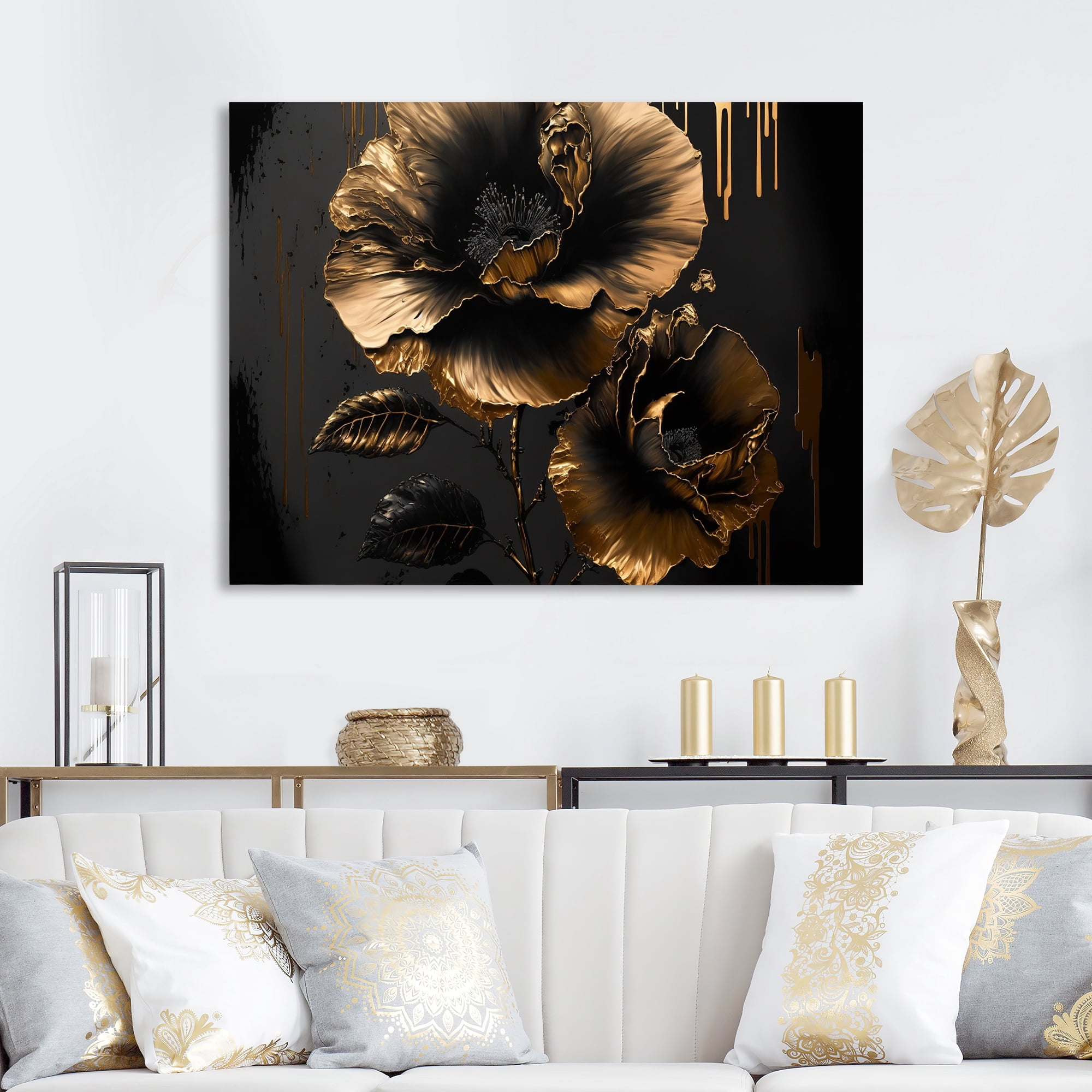 Designart Black And Gold Hibiscus I Canvas Wall Art
