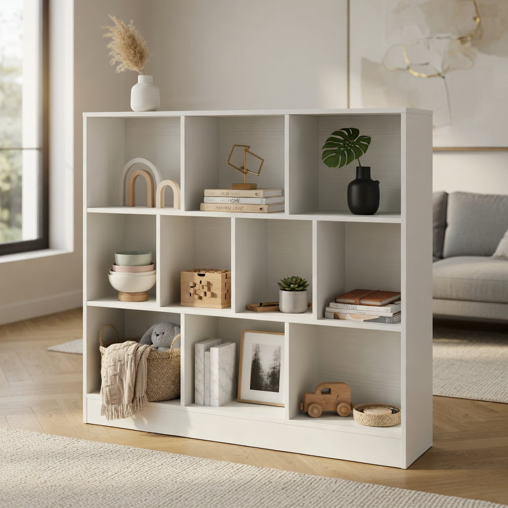 Barara King Kids Storage Unit Bookshelf,Toy Storage Organizer,41 inches Wooden Toy Storage Organizer with 10 Cubes for Kids-White