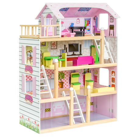 Best Choice Products 4-Level 32.25in Kids Wooden Cottage Uptown Dollhouse w/ 13 Pieces of Furniture, Play (Best Dollhouse For 2 Year Old)