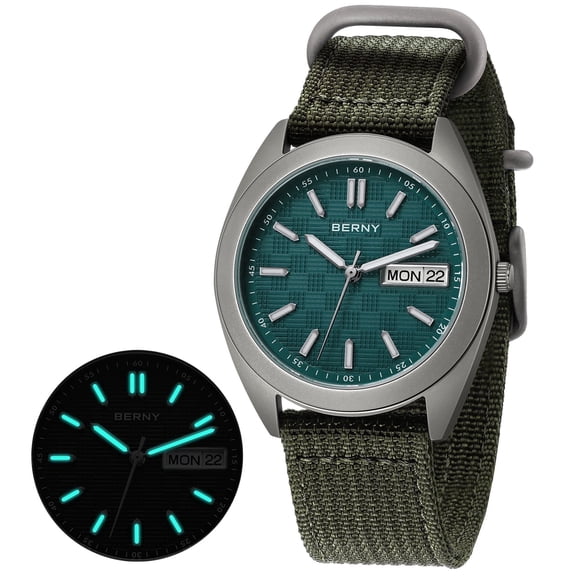 BERNY Titanium Watches for Men, Sport Canvas Strap Men's Field Watch with Date & Day Calendar, Super Luminous, 10ATM Waterproof Military Wrist Watches, Casual Army Analog Quartz Watches, Green