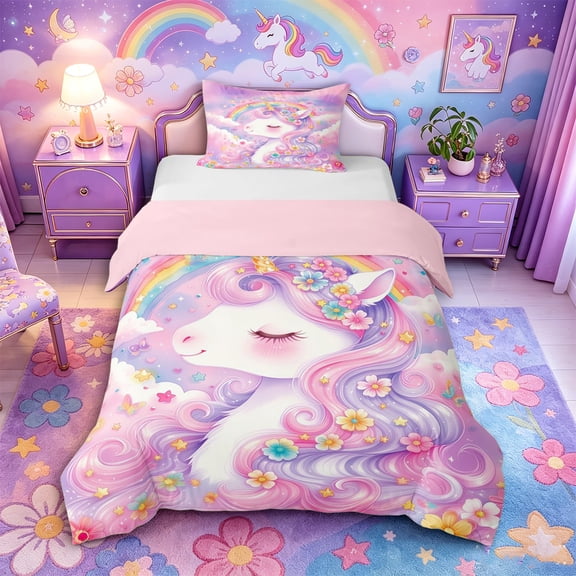 Metsweet Dreamy Floral Unicorn Twin Duvet Cover, Watercolor Rainbow Flowers Twin Bedding, Pink Purple,Pink Reversible,2pcs,1 Duvet Cover and 1 Pillowcase