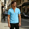 thumbnail image 5 of GrmtClth Men's Stand Collar Henley T-Shirt Color Block Short Sleeve Casual Button Top with Contrast Trim Light Blue M, 5 of 9