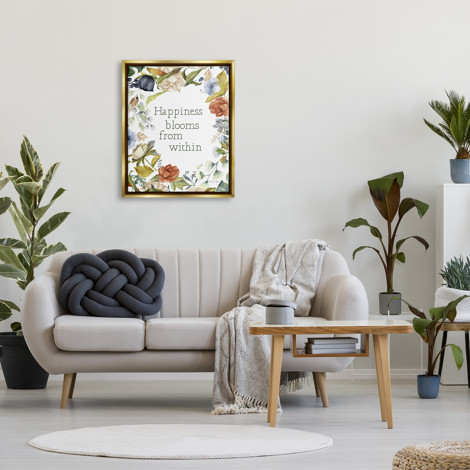 Stupell Industries Happiness Blooms From Within Comforting Floral Border Graphic Art Metallic Gold Floating Framed Canvas Print Wall Art, Design by Susan Ball