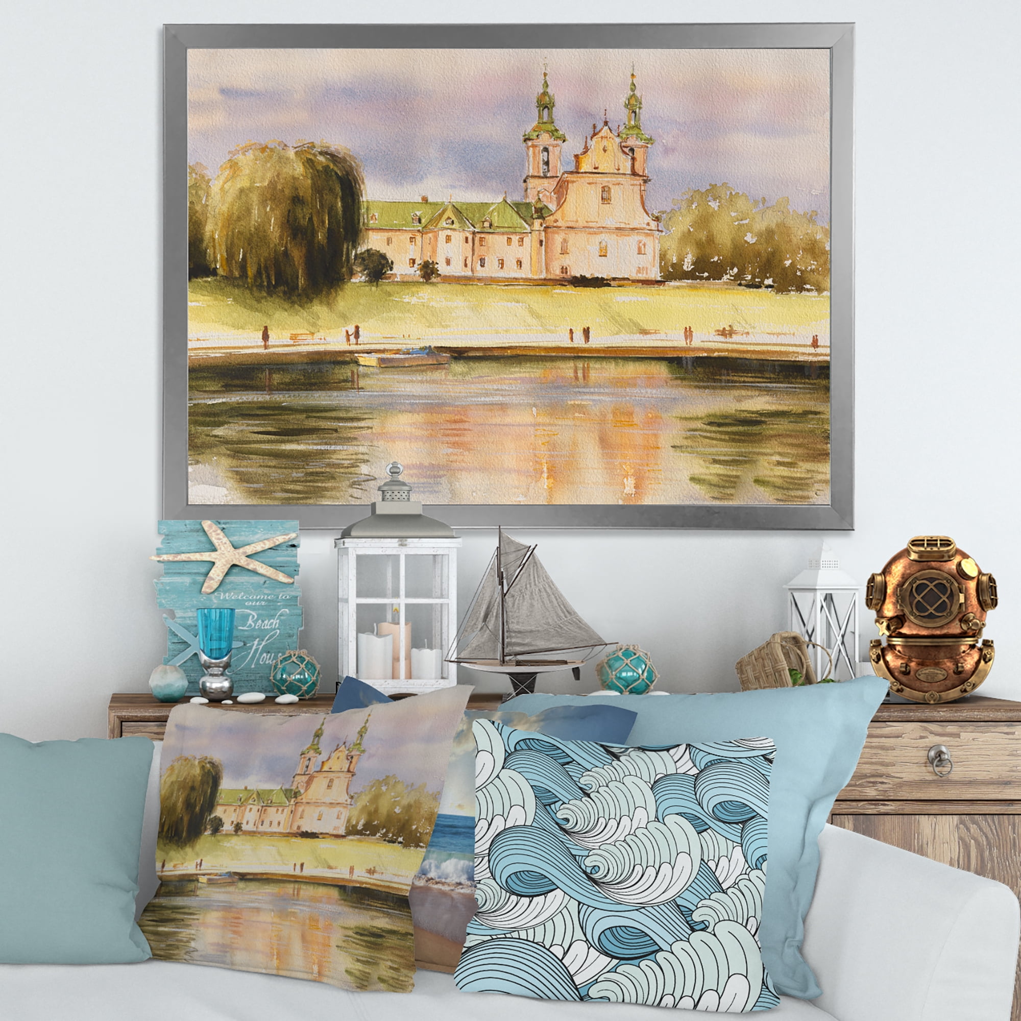 Designart 'Historical Church On The Rock On Banks of The River' Lake House Framed Art Print
